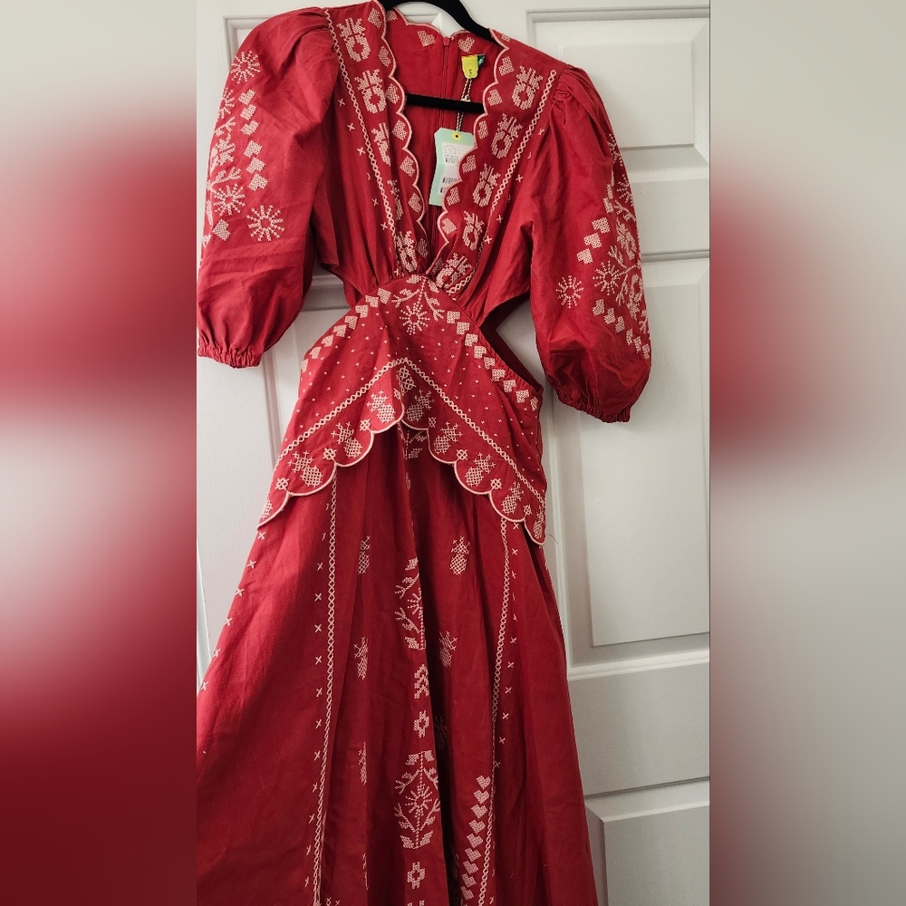 FARM Rio Brazil Red Embroided Dress Puff Sleeves Size L - Picture 9 of 13